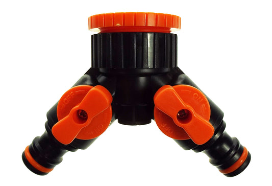Two way tap splitter orange/black with valves